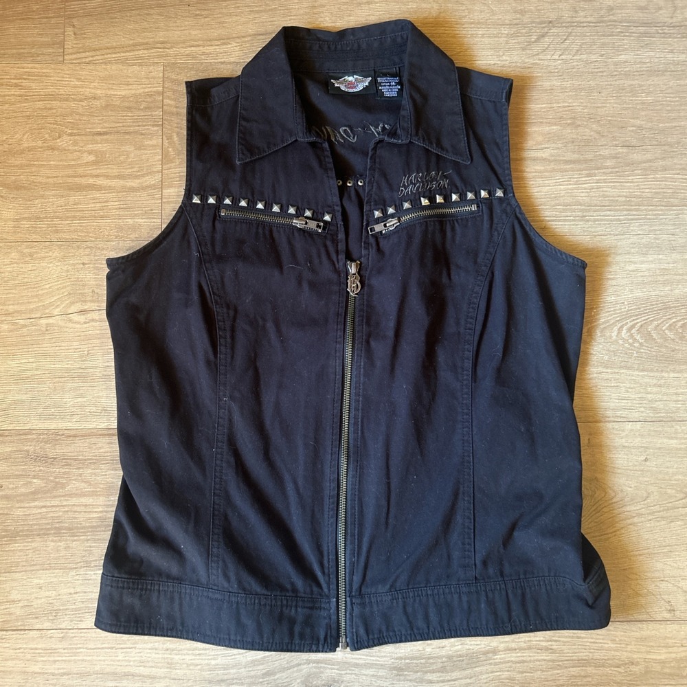 Harley Davidson Womens Black Studded Zip Up Biker Vest - Picture 1 of 4